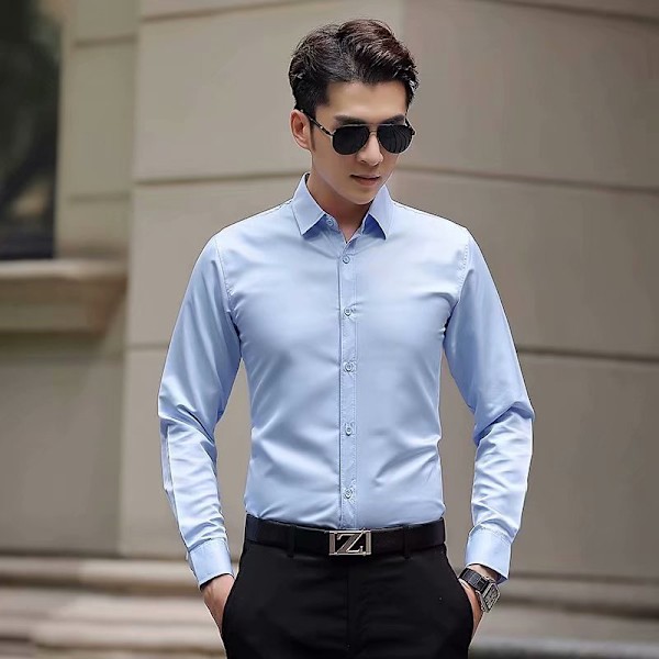 Vår Och Höst Långärmad Vit Skjorta Herr Koreansk Stil Slim-Fit Skjorta Professionell Skjorta Affärsklänning Arbetskläder Bröllopsklänning Light Blue S