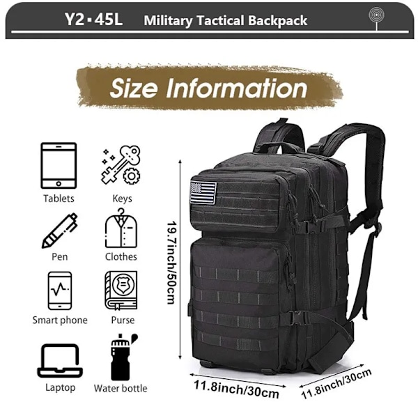 Taktisk Rygsæk 3 Dages Assault Pack Molle Taske 38/45L Stor Udendørs Vandtæt Vandring Camping Rejse 600D Rygsæk Mænd Fiskeri W1 BLACK