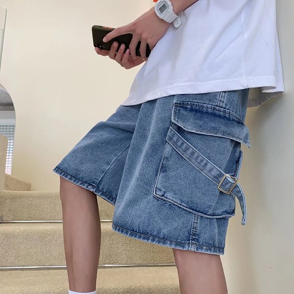 Sommar Trendiga Verktyg Denim Shorts Herr Koreansk Stil Lös Vida Ben Raka Byxor Stilig Casual Femte Byxor Herrkläder Dark Blue XXL