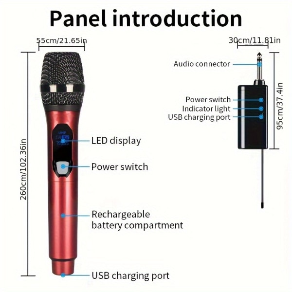 Trådlös mikrofon: professionell 2-kanals handhållen mikrofon, för hushållskaraoke, två i ett utomhusljud, tv-sång Red