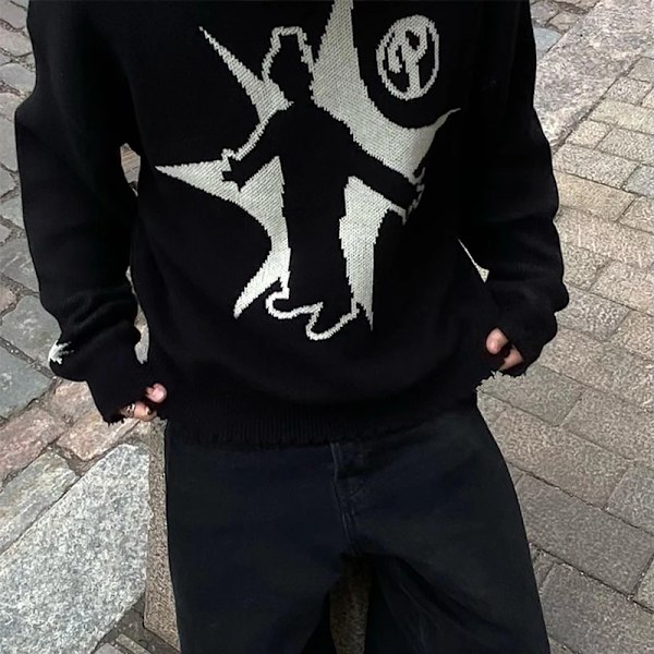 Mænd Vinter Trøje Pullover Strik Langærmet Toppe Hip Hop Koreansk Mode Harajuku Hopper Gorhic Coat Y2k Streetwear Tøj. black L