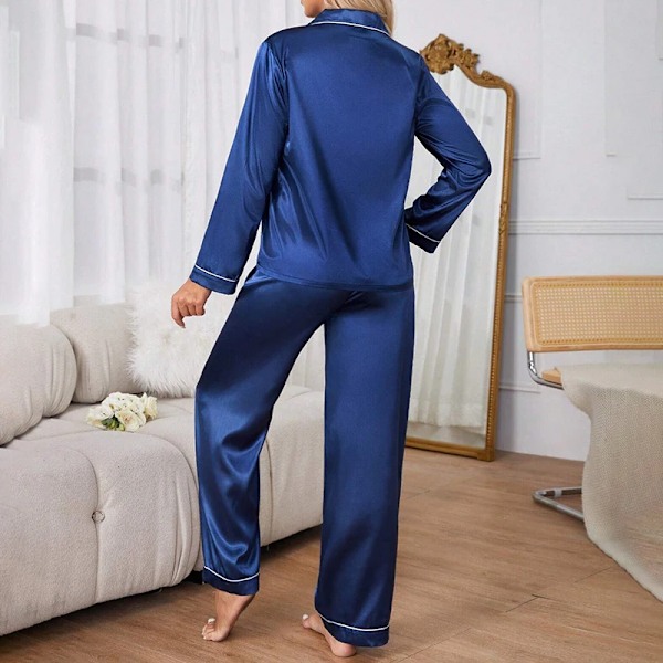 Naisten Yövaatteet Yksinkertainen Satiini Pyjamasetti Pitkät Hihat Napit Kaulus Paita Joustavat Housut Loungewear Yöasut 2 Osainen Yöasu Navy Blue XXXL