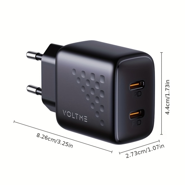 VOLTME 20W USB C Laddare 2 Portar Svart Snabbladdning PD3.0 PPS, USB-C Power 20W Plugg Laddare Adapter För IPhone 14/13/12, Xiaomi, Samsung Black