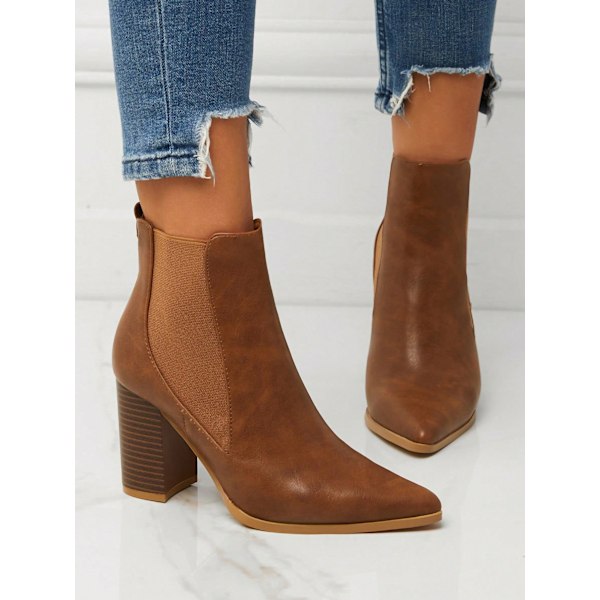 Kvinnors Tillfälliga Ny Spetsad Tå Chunky High Heel Ankel Stövlar, 8Cm Hög Utomhus Pendling Pu Läder Chelsea Stövlar Med Slip Resistenta Tunla Brown US6.5