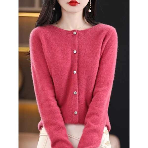 Addonee Kvinnor 100% Merinoull Sweater Cashmere O-Hals Cardigan Raglan Ärm Klassiskt Sticka Solid Fast Hion Baskläder Shumei Red L