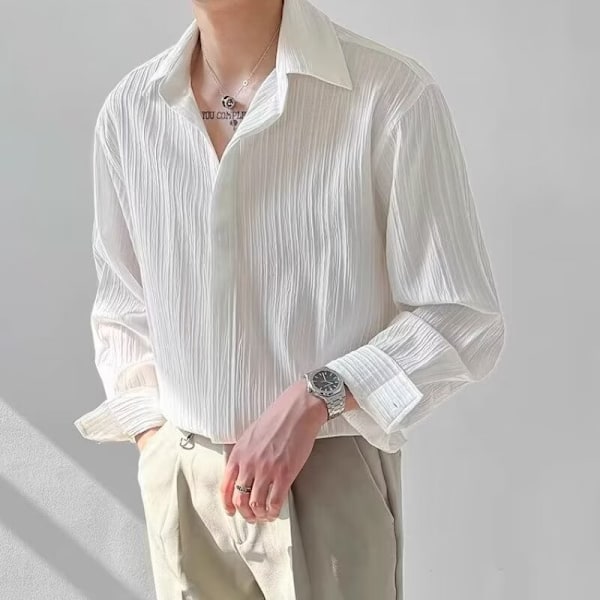 Koreansk Stil Loose Plesat Långärmad Skjorta Mäns Vår Trend Handsom Casual Non-Ironing Tröja Mäns Shirs Sommare Apricot L