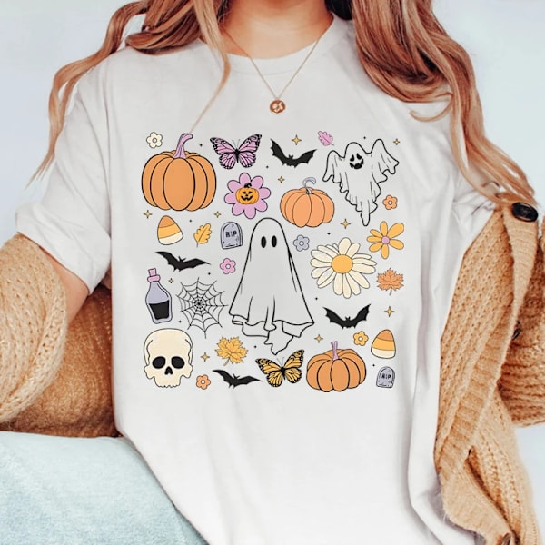 Spøgelses Print T-shirt, Halloween T-shirt, Kortærmet Besætning Hals Fritid T-shirt Til Forår & Sommer, Kvindernes Tøj, black XL