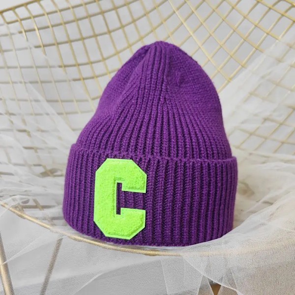 Unisex Vinterstickad Mössa Stor C-Bokstav Enkel Beaniehatt Koreansk Version Skullies Beanies Mjuk Hip Hop Casual Bonnet Caps purple Adult