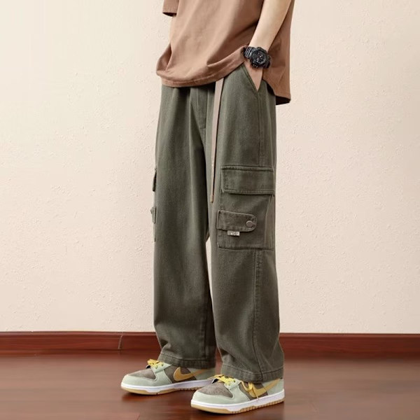 Armégröna Overaller Herr Vår Och Höst Modemärke Amerikansk Stil Lös Rak Casual Höst Vinter Trend Vida Ben Byxor Green XL