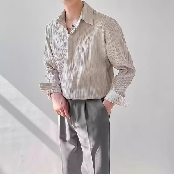 Koreansk stil løs pasform langærmet skjorte mænd forår trend flot casual non-strygning trøje mænd skjorter sommer Apricot XXL
