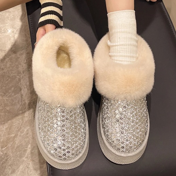 Kvinders Fluffy Faux Pels Sne Støvler Glitter Paljetter Slip På Platform Ankel Støvler Kvinde Tyk Solen Plys Varm Vinterstøvler Mujer Formand Silver 36