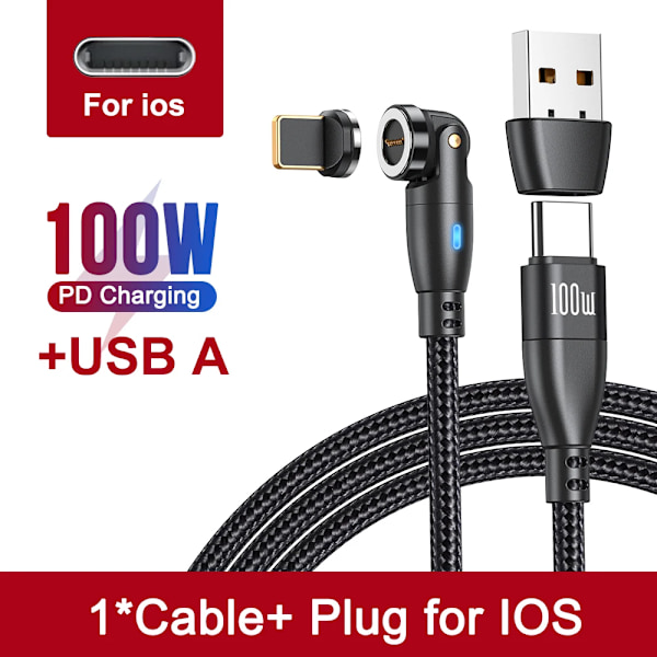 Aufu 5A magneettinen USB C -kaapeli Realme Huawei 100W pikalatausjohto Samsung-kannettavalle mikromagneetti USB-kaapeli Black for iPhone 1m