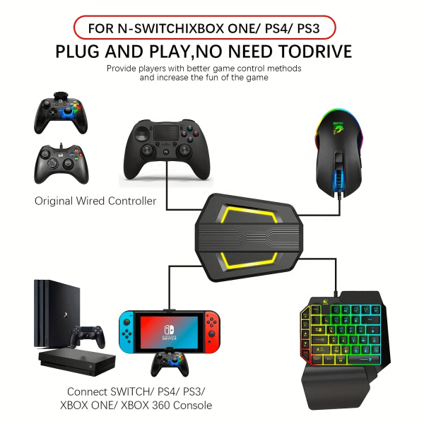 RGB Gaming Controller Converter, Type-C USB tangentbord och mus LED-adapter/konverterare för PS4/Xbox One/Xbox 360/Nintendo Switch/PS3