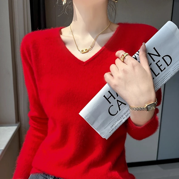 Hösten Vinter Ny 100% Cashmere Sweater Kläder V-Hals Stickade Pullover Toppar Solid Färg Lång Ärm Kvinnors Tröjar Red M