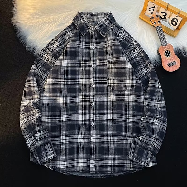 Hong Kong Style Plaid Tröja Mäns Höst Och Vinter Snygg Lång Ärm Skjorta Mode Trendy Märke Japanska Style Inre Wer Vår Och Höst Rock Nytt Blue XL