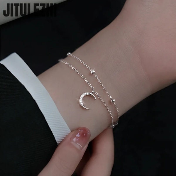 925 Sterling Silver Armband För Kvinnor Dubbellager Star Moon Armband Kvinnors Fällande Design Sense Summer Star Moon Star Bracel