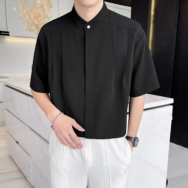 Ice Silk Shirt Herr Hong Kong Stil Trendigt Märke Vit Skjorta Herr Vår Sommar Casual Kortärmad Skjorta Halv Ärm Skjorta Trendig Black XL