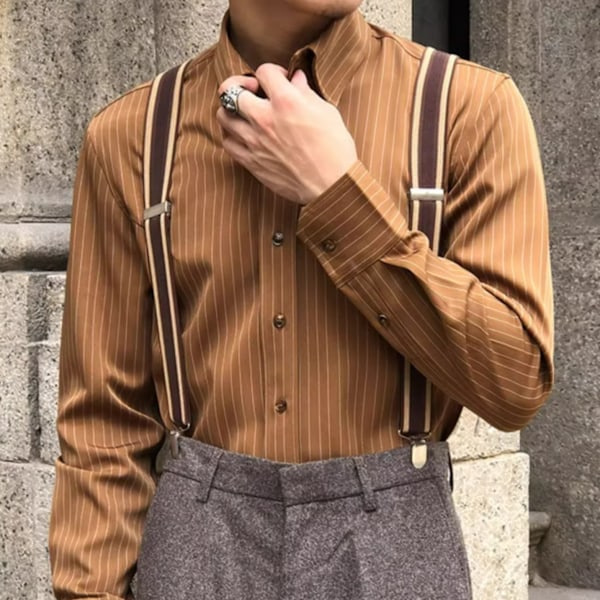 Retro Kaffe Farve Stribet Skjorte Mænd Langærmet Business Casual Top Spids Krave Britisk Trendy Slim-Fit Skjorte Vår Og Efterår. Apricot XL