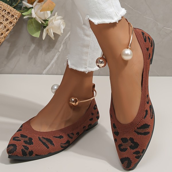 Platta skor med ringdekor för damer, andningsbara print spetsskor, lätta slip-on-balettskor Beige White CN39(EU38.5-39)