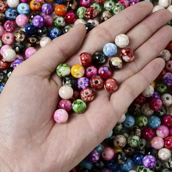 100 st pärla entusiaster 8 mm spruckna akryl distanspärlor, färgat bläck printed keramiskt mönster raka hål runda pärlor DIY armband halsband smycken 100 Pieces