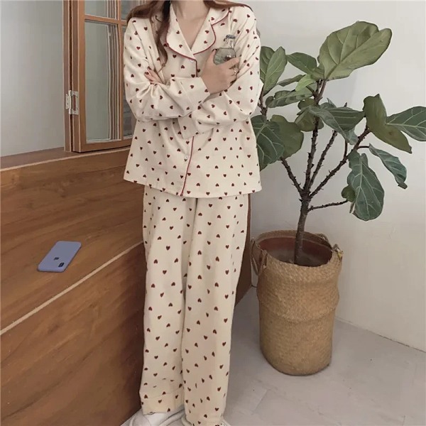 Sydän Print Koti Puku Löysä Puuvilla Casual Yöasu Korealainen Pyjamasetti Housut Harajuku Koti Vaatteet Kawaii Yksittäiset Rinnat Topissa White M