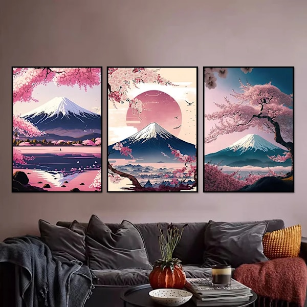 Japanska Körsbär Blossom Fuji Berg Sunset Tokyo Scenery Poster Hd Tryckt Canvas Målning Vägg Konst Bilder Rum Hem Inredning SKU-01 50x70cm No Framed