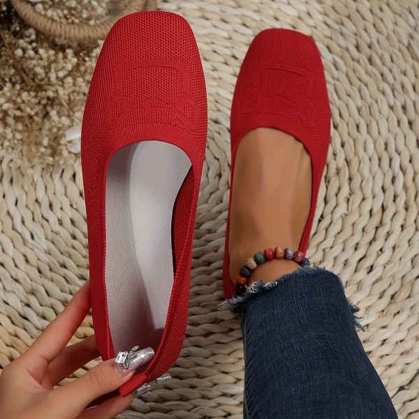 Platta skor med fyrkantig tå för kvinnor, enfärgad mjuk sula Slip-on-skor, Casual andningsbara balettskor Red CN39(EU38.5-39)