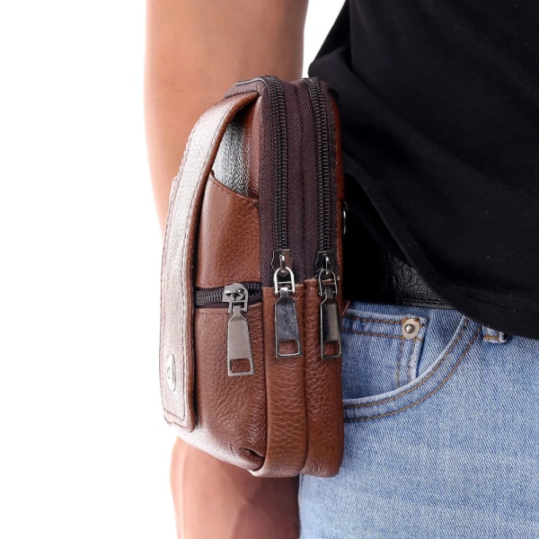 Läder midjeväska för män Stor kapacitet bältesväska Brun axelväskor Crossbody-väskor Flerlagers spänne Mobiltelefonväska Bum Pouch brown-3 layers