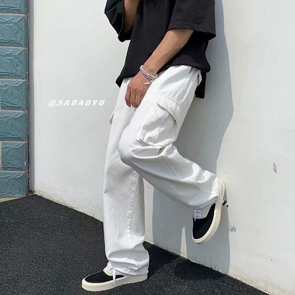 2023 Multi-Pocket Cargo Housut Miesten Muoti Merkit Hong Kong Style Casual Housut High Street Mekaniikka Style Suora Lahje Housut Pu Shuai Miesten Housut White XXL