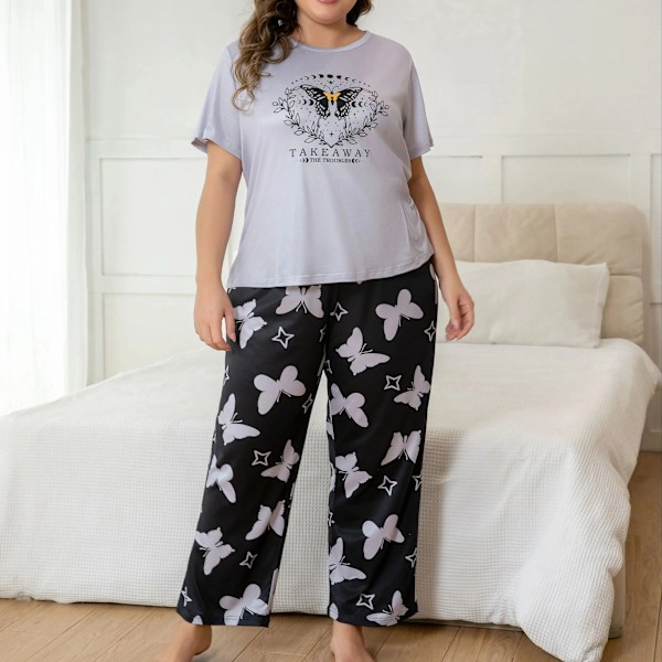 Plus-Size Ladies Casual Ljus Lila Fjäril Print Kort Ärm Byxor Pyjamas Set - Lämplig För Hemma PURPLE XXXL