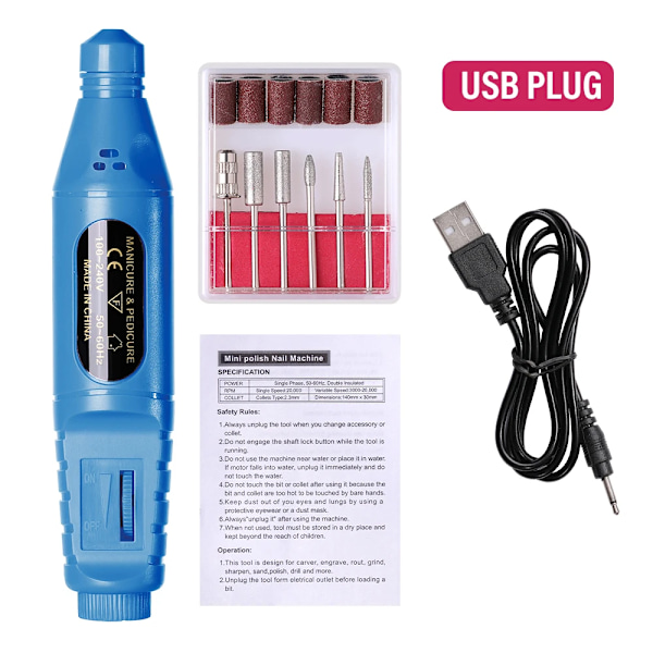 Lulaa Usb Bärbar Elektrisk Nagel Sander Nagelborrmaskin Fräsmaskin För Manikyr Set Gel Polska Remover Satser Blue b