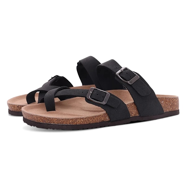 Pallene Nya Mode Kork Tofflor För Kvinnor Män Läder Tuede Flats Sandaler Sandaler Sommar Par Strand Sandals Med Justerbar Spänne Spänne. Cow Suede-BK2 37