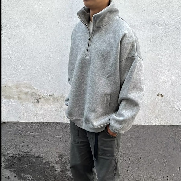 Tidlig Forår Tung Amerikansk Halv Lynlås Trøje Herre Casual Ensfarvet Løs Ståkrave Kappa Oversize Drenge Tøj Grey XL