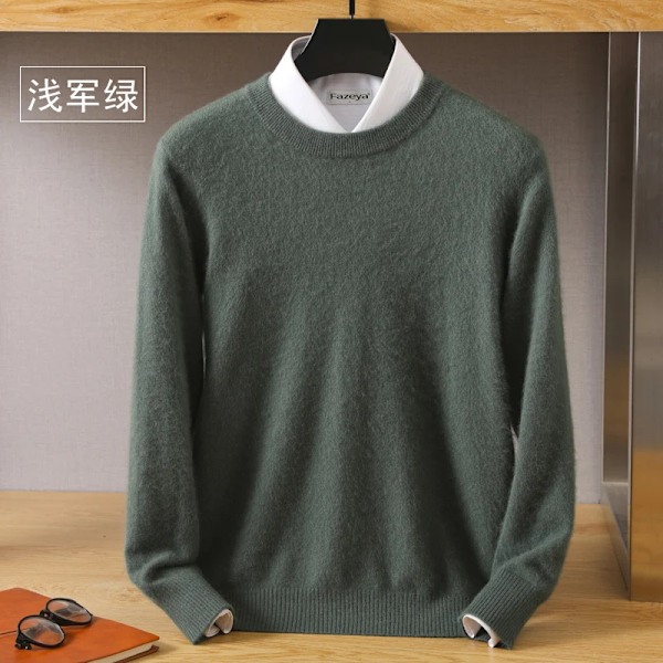 Mænds 100% Ren Mink Cashmere Sweater O-Hals Pullover Strik Trøje Efterår Og Vinter Ny Langærmet High-End Jumper Mink Topper army green M