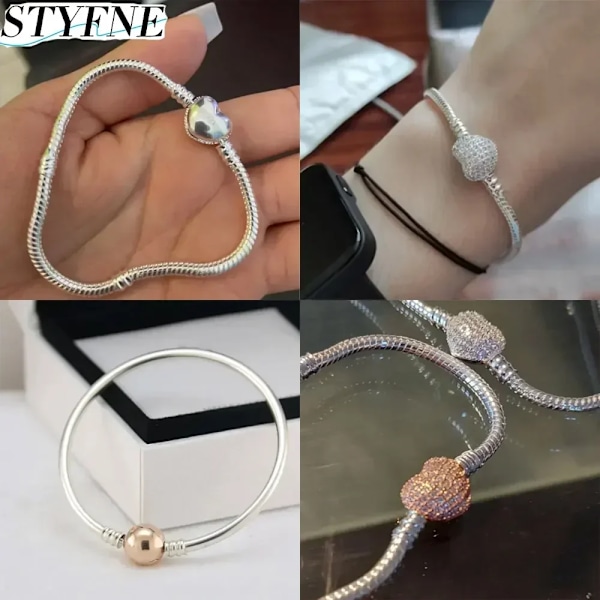 925 Sterling Silver Charm Gnistrande Rose Guld Kärlek Hjärta Sol Måne Diy Pärlor Original Armband Kvinnors Fina Smycken Gåva KYB0074 19cm