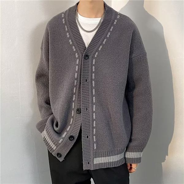 Hösten Och Vinter V-Hals Tröja Cardigan Mäns Casual Loose Sweater Coat Japanska Retro Style Trender Korean St St. Släkt Tröjar Grey XXL