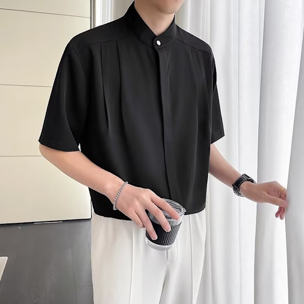 Ice Silk Shirt Herr Hong Kong Stil Trendigt Märke Vit Skjorta Herr Vår Sommar Casual Kortärmad Skjorta Halv Ärm Skjorta Trendig Black XL
