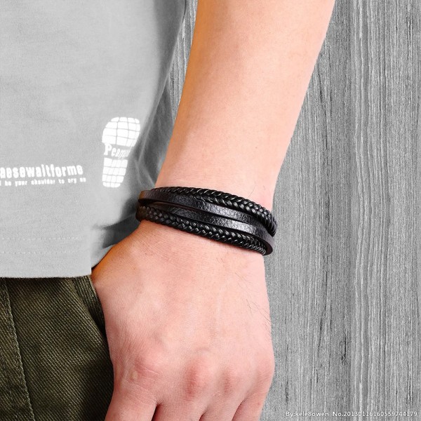 Mode Enkel design Flerlagers läderrep Handvävt 316L magnetarmband i rostfritt stål Herrsmycken black 23cm