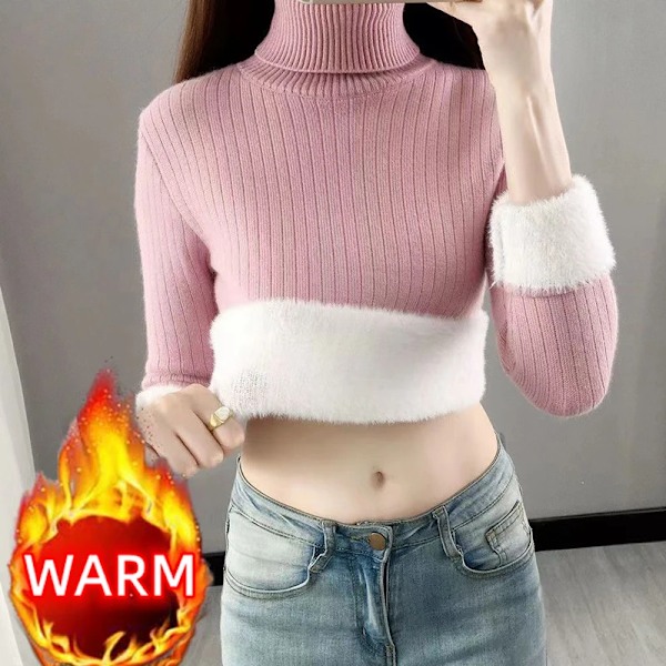 Turtleneck Vinter Tröja Kvinnor Elegant Tjocka Velvet Fodrad Varm Sueter Fleece Stickade Pullover Slim Top Jersey Hoppar Sticka Ar B0340-Thick-White XL