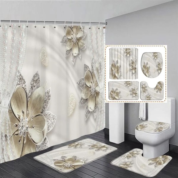 Elegant och fashionabel fantasipärlor och diamanter Bukett 3D-stil duschdraperi med badmatta Set Hem badrumsinredning 3154SD -curtain W200xH180cm