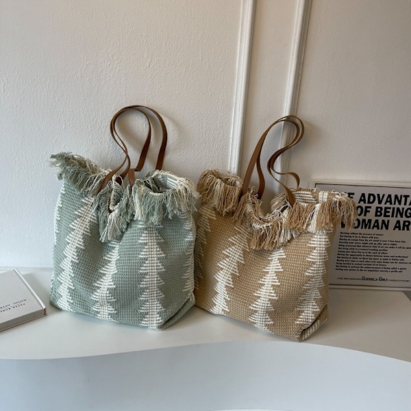 Taske Dame Forår/Sommer 2023 Ny Niche Design Frynser Bomuld/Linned Vævet Pendler Tote Taske Til Kvinder Skuldertaske Light Green