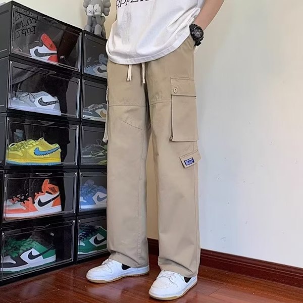 Amerikansk stil Multi-Pocket Rak Lastbyxor Mäns Våren Och Hösten Mode Märken Lös Funktionell Bred Ben Design Sense Re Casual Byxor Green M