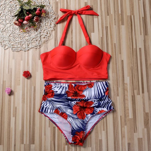 Kvinnor Push Up Bikini Set Sommar Sexig Slim Flower Print Kvinnliga hög midja simdräkter B XL