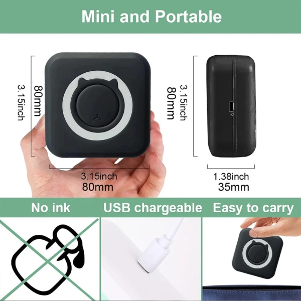 Mini Pocket Printer, Trådlös BT thermal skrivare för foton Kvitton Anteckningar Memo Etikett Qr-koder Bärbar Bläckfri presentskrivare 5Rolls White Paper