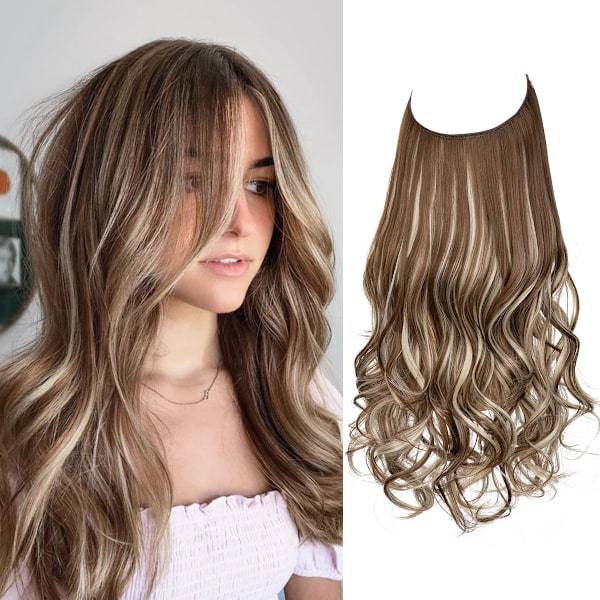 Syntetiska Ingen Clip Wave Hår Extensions Ombre Naturlig Svart Blond Rosa En Bit Falsk Hårpiece Fisk Linje Fake Hårstycken 9H613 16inches