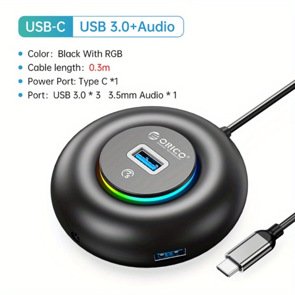 ORICO USB C HUB RGB Multi USB 3.0 Splitter med 3,5 mm Audio SD TF Typ C Power för PC Macbook Pro Lenovo Laptop Black 0.3m