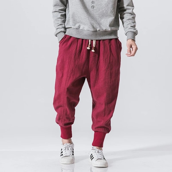 Spring Casual Oversize Harem Byxor Män Streetwear Solid Färg Harajuku Baggy Byxor Bomull Lin Elastisk Midja Joggers För Människan Red Chinese Size L