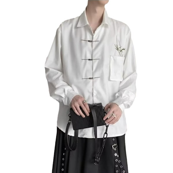 National Mode Varumärke Casual Långärmad Skjorta Mäns Kinesiska Style Metal Spänneskjorta Lös Drooping Ny Kinesisk Stil Rock Våren Vår Och Sommaren. White XXL