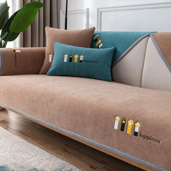 Nordic Simple Sofa Cushion Four Seasons Universal , halkfritt cover Chenille High-end kudde Cover Tyg Cat Head Gray 90*180cm