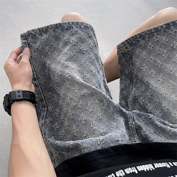 Mode Varumärke Europeiska Och Amerikanska Street Byxor American High Street Jacquard Design Jeans Mäns Lös Straight 2024 Shorts Blue XXL